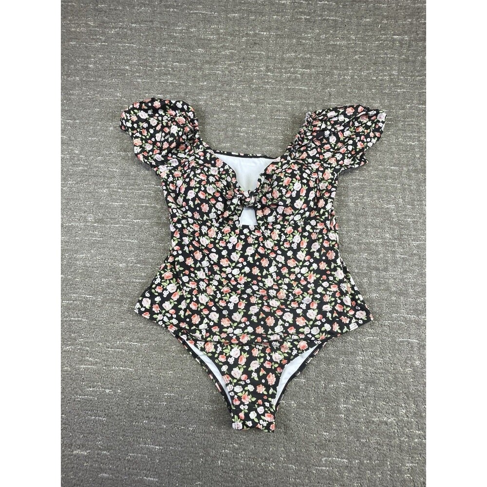 Shein One Piece Black Floral Roses Design w/ Built In Bra Swim Wear 2XL Swimsuit